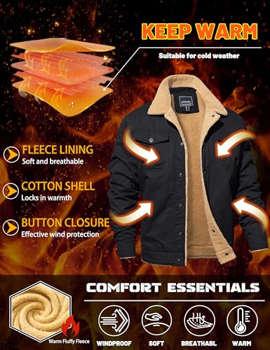 MAGNIVIT Men's Warm Jacket Sherpa Winter Botton Down Fur Collar Trucker Jacket Black