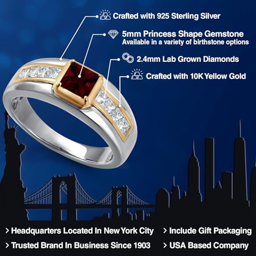 Gem Stone King Princess Cut Ring For Men | 5MM Princess Cut Gemstone Birthstone and 2.4MM Round Lab Grown Diamond | 925 Silver and 10K Yellow Gold | Available in Size 7-13