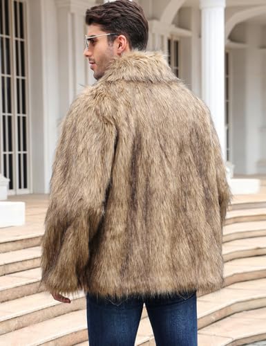 Gihuo Faux Fur Coat Winter Jackets for Men Mens Winter Coats Faux Fur Jacket Warm Fluffy Furry Trench Fake Fur Jacket (Brown-M)