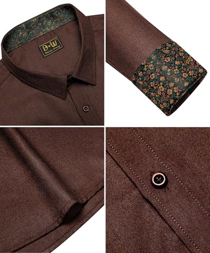 Barry.Wang Linen Brown Button Up Shirt Men Textured Breathable Long Sleeve Casual Contrast Floral Wedding Dress Business Formal