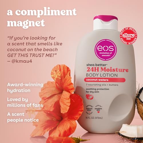 eos Shea Better Body Lotion Coconut Waters, 24-Hour Moisture Skin Care, Lightweight & Non-Greasy, Natural Shea, Vegan, Coconut Body Lotion, 16 fl oz