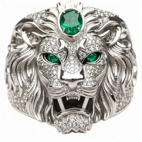 PYTALI Emerald Lion King Men's Ring 10K/14K/18K/Sterling Silver Genuine Emerald Diamond Ring Handmade Jewelry Gift for Husband Boyfriend