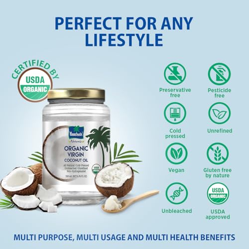 "Parachute Naturalz Organic Virgin Coconut Oil | Cooking Oil, Hair Oil, Body Oil & Oil Pulling | Cold Pressed | Unbleached | Unrefined | Non-Hydrogenated | MCT Oil | USDA Certified |6.7 Fl. Oz. | Glass Jar"