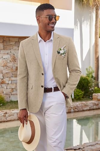 COOFANDY Men's Casual Blazer Slim Fit Linen Sport Coat Lightweight Two Button Suit Jacket Khaki