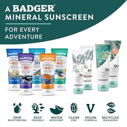 Badger Mineral Daily Sunscreen with Zinc Oxide, SPF 30, Lightweight & Easy to Apply w/No White Cast, Moisturizing Organic Sunscreen, Reef Safe, Vegan, Unscented, 4 fl oz