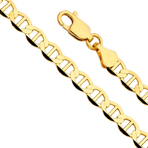 14k REAL Yellow Gold Solid Men's 7.5mm Flat Mariner Chain Bracelet with Lobster Claw Clasp - 8.5"