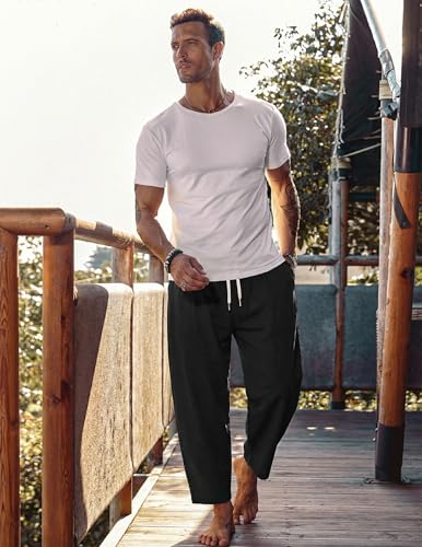 COOFANDY Men's Cotton Linen Harem Pants Drawstring Casual Cropped Trousers Lightweight Loose Beach Yoga Pants with Pockets Black