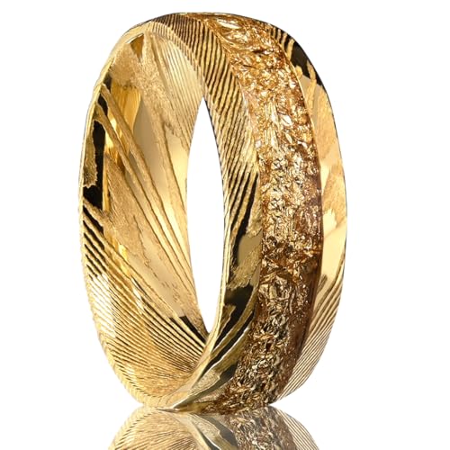 Concept Knight Gold Damascus Steel Rings for Men Hammered Mens Wedding Band