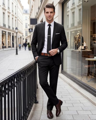 WULFUL Men's 2 Piece Slim Fit Suit Set One Button Blazer Jacket Pants Tuxedo Set for Party, Wedding and Business Black