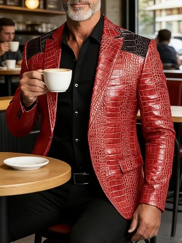 Men's Faux Leather Blazer Crocodile Embossed Jacket Genuine Alligator Crocodile Print Leather Sports Coat Black