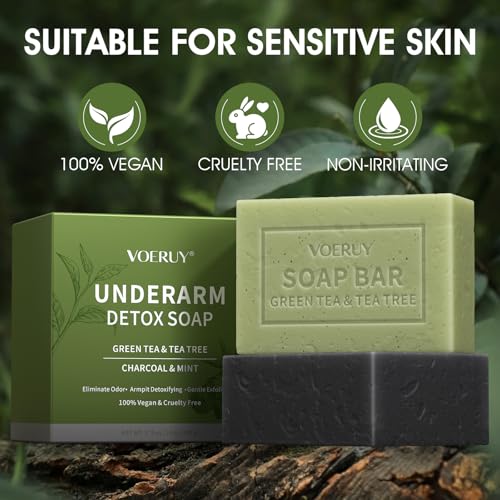 Underarm Detox Soap, 2 Pcs Armpit Detox Soap with Green Tea & Tea Tree, Charcoal & Mint for Eliminating Odor, Exfoliating, Moisturizing , Bar Soaps for Legs, Knee, Feet, Hands Whole Body - 10 oz（280g）
