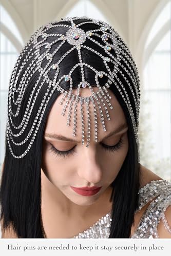 BABEYOND Vintage Style Roaring 20s Crystal Rhinestone Flapper Cap Headpiece Head Jewelry Chains