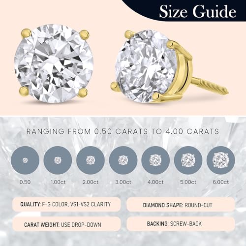 The Diamond Channel CERTIFIED 1 to 12 Carat LAB GROWN Solitaire Diamond Stud Earrings Round Cut 4 Prong Screw Back (F-G Color, VS1-VS2 Eye Clean Clarity)