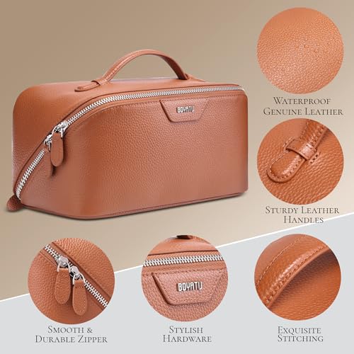 BOYATU Genuine Leather Travel Makeup Bag: Hand-made 3 Pcs Set Cosmetic Bags