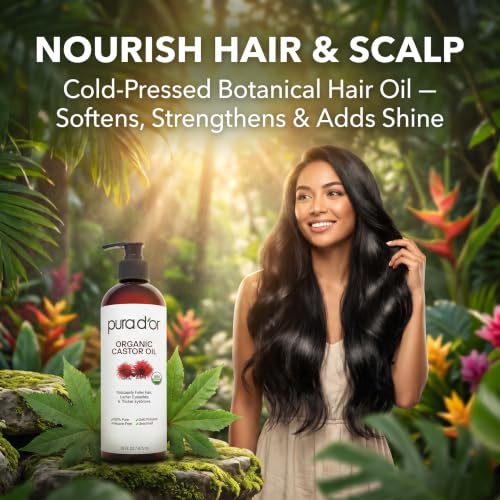 PURA D'OR ORGANIC Castor Oil (16 Oz) Pure Cold-Pressed Hexane-Free USDA Certified