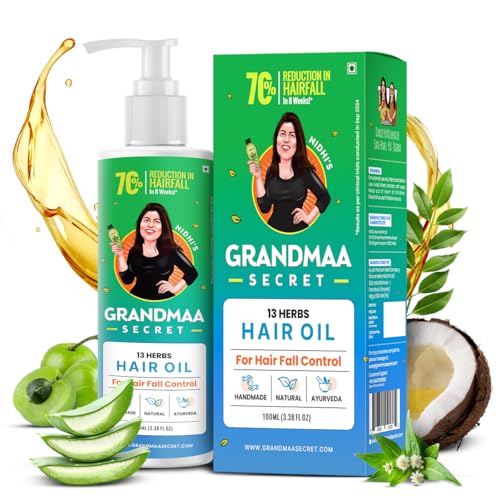 NIDHI’S GRANDMAA SECRET 13 Herbs Hair Oil for Hair Growth & Hair Fall Control Handmade Oil with Aloe Vera, Curry Leaf & Amla For Dry, Damaged, Frizzy Hair Men & Women – 100 ml (Pack of 1) Multicolor