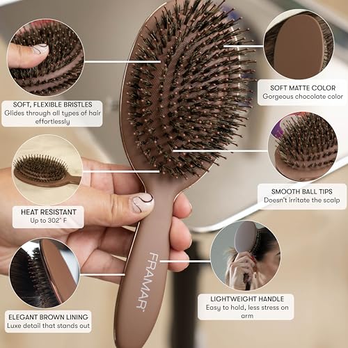 FRAMAR Soft Boar Bristle Hair Brush For Women, Boars Hair Brush For Women