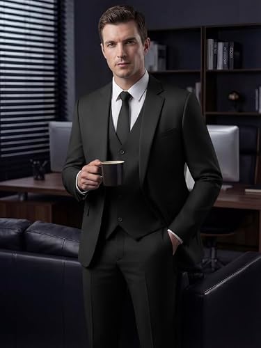 MAGE MALE Men's 3 Piece Suit Slim Fit One Button Business Wedding Formal Blazer Jacket Vest Pants Set Black