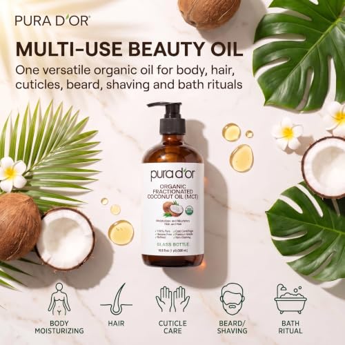 PURA D'OR ORGANIC Fractionated Coconut Oil MCT Oil (16.9 Oz GLASS BOTTLE) 100% Pure & Natural