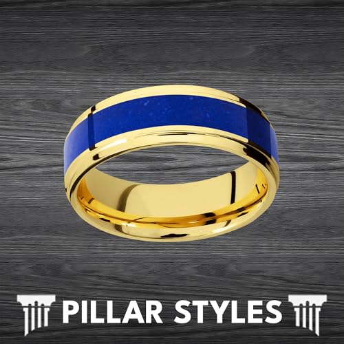 14K Gold Ring Lapis Lazuli Wedding Bands Luminous Blue Tungsten Rings for Men with Step Edges Durable Comfort Fit Sizing 8mm Unique Yellow Gold Anniversary Gifts for Him