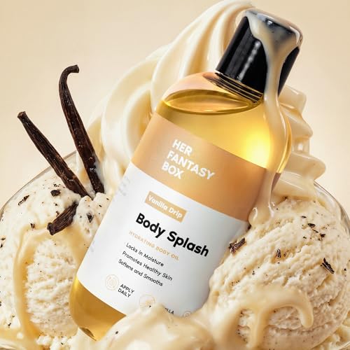 Her Fantasy Box | Body Splash Vanilla Drip Fragrance Oil – Warm Vanilla Sugar Scent with Creamy Cashmere & Sandalwood, Lightweight Hydrating Body Oil, Vegan & Cruelty Free