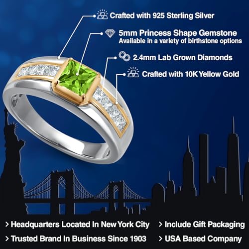 Gem Stone King Princess Cut Ring For Men | 5MM Princess Cut Gemstone Birthstone and 2.4MM Round Lab Grown Diamond | 925 Silver and 10K Yellow Gold | Available in Size 7-13