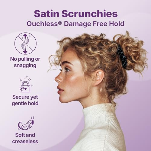 Goody Ouchless Skinny Satin Scrunchies, Frizz Fighting, No Damage Scrunchies, Gentle, Secure & Creaseless Hair Ties for Day and Overnight, All Hair Types, Gifts for Women & Girls, 8 Ct, Black