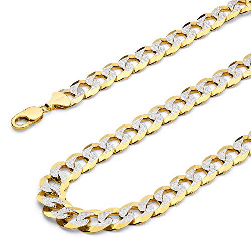 14k REAL Two Tone Gold Solid Men's 6mm Cuban Concave Curb White Pave Chain Necklace with Lobster Claw Clasp - 22"