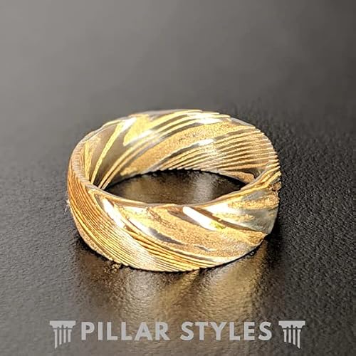 8mm Yellow Gold Damascus Rings For Men 14K Gold Wedding Bands Damascus Steel Ring Silver Stainless Steel Couples Rings with Comfort Fit Sizing Unique Engagement or Anniversery Gifts