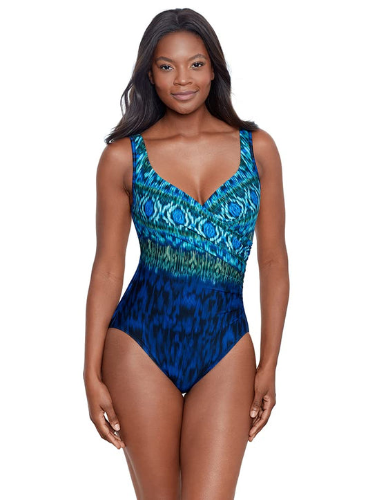 Miraclesuit Women's Swimwear Alhambra It's a Wrap Tummy Control Underwire One Piece Swimsuit, Blue/Multi, 12