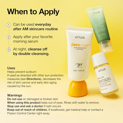 Anua, Zero-Cast Moisturizing Sunscreen SPF 50, Glow Natural Sunscreen for face, No White Cast, Hyaluronic Acid, Niacinamide, Oil-Free, Korean Skincare, 1.69 fl oz