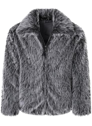 FANARCHER Men's Winter Faux Fur Coat Fluffy Jacket Turn Collar Luxury Overcoat Long Sleeve Parka Fleece Furry Outwear