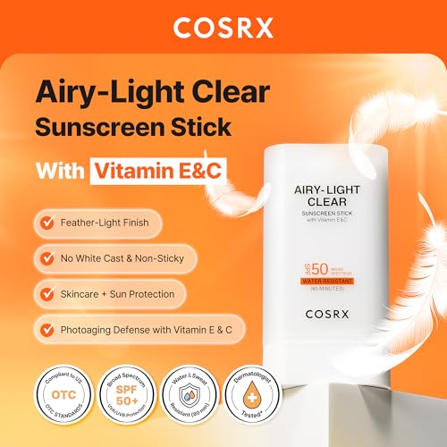 COSRX Airy-Light Clear Sunscreen Stick with Vitamin E&C, SPF 50, 0.67 oz