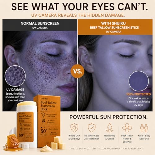 Beef Tallow Sunscreen Organic Stick SPF 50 – Non Nano Zinc Oxide Tallow-Based Mineral Sunscreen with Honey & Beeswax for Face & Body, Water-Resistant Natural Sunblock, 0.53 oz