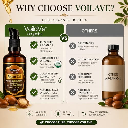 VoilaVe USDA Pure Organic Moroccan Argan Oil for Skin, Nails & Hair Growth, Anti-Aging Face Moisturizer, Cold Pressed, Hair Moisturizer, Rich in Vitamin E, As Seen On TV - 4 fl oz