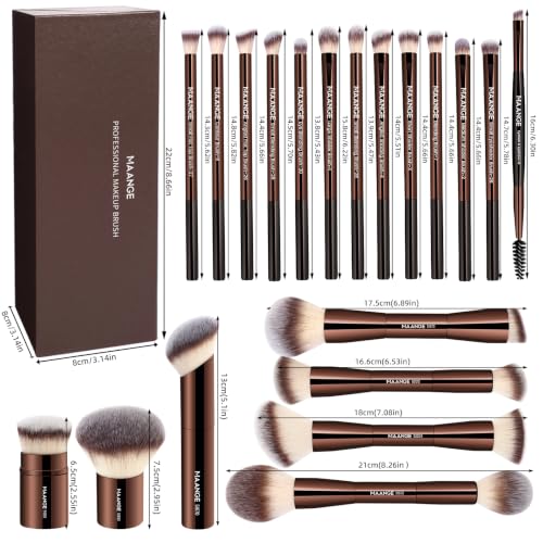 MAANGE 20 Pcs Makeup Brushes with Gift Box, Double-End Multi-functional Makeup Brushes for Blending Liquid Powder Concealer Cream Blush Buffe,CoffeeBrown