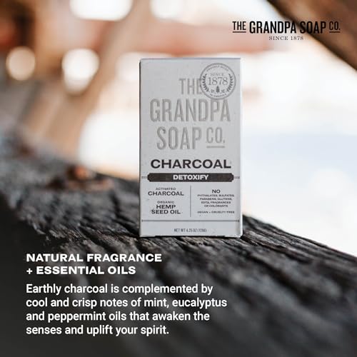 The Grandpa Soap Company Charcoal Bar Soap - With Activated Charcoal Hemp Seed and Mint Oil, Detoxifies, Draws Out Dirt and Toxins, Clear Congested Pores, Vegan, 4.25 Oz, 3 Pack