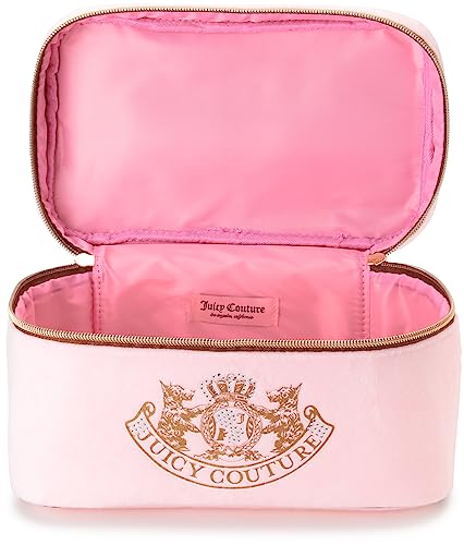 Juicy Couture Pink Makeup Bag Cosmetics Organizer Travel Essentials Train Case Gold Terroir Dog Rhinestone Crown Velour