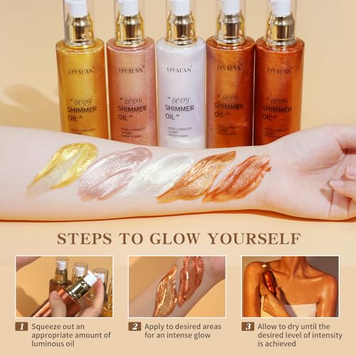 Liyalan Shimmer Body Oil 5 Color Gold 3.38 Fl Oz Face Glow Pearl Highlighter Illuminator Body Makeup Shine Glitter Gold Liquid Taning