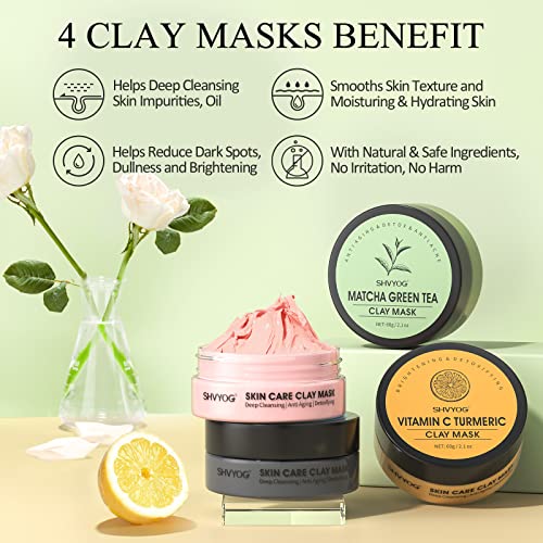 SHVYOG 4Pcs Face Mask Set - Turmeric Clay Mask, Vitamin C, Green Tea, Rose, Dead Sea Mud Mask, Skin Care Mask for Deep Cleansing, Refining Pores, Valentine's Day Gifts for Women- 240g
