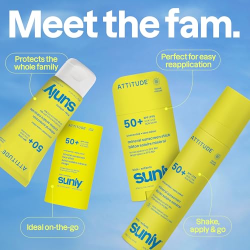 ATTITUDE Kids Mineral Sunscreen Stick SPF 50, Broad Spectrum Zinc Oxide, EWG Verified, Non-Nano, Mess-Free Stick for Face & Body, Lightweight Non-Greasy, Vegan, Unscented, 2 Oz