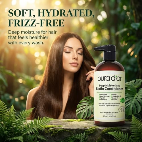 PURA D'OR Deep Moisturizing Biotin Hair Regrwoth Conditioner Thickens, Softens, & Moisturizes Dry, Frizzy, Damaged Hair w/Argan Oil, Pumpkin, Rosemary, Honeysuckle, Vitamin E, Men & Women, 16oz