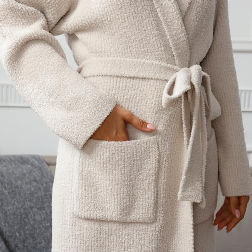 MH MYLUNE HOME Ultra Soft Robe With Pockets, Spa Bathrobe Loungewear Calf-Length, Plush Fuzzy Fluffy Wrap Robe for Women, Women's Robes, Hooded Ribbed Taupe