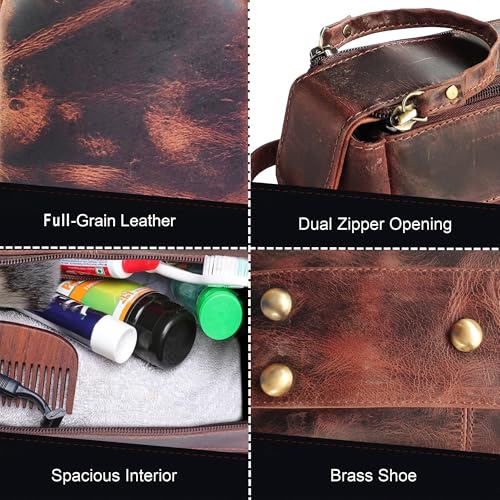 Leather Toiletry Bag for Men - Full Grain Travel Dopp Kit & Shaving Bag