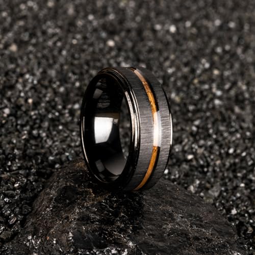 JEWPER 8mm Men Womens Wedding Band Tungsten Rings Black Fashion Promise Carbide Inlaid whiskey barrel wood Outer ring step edge sanding Matte Finish Edge Comfort Fit size(10)