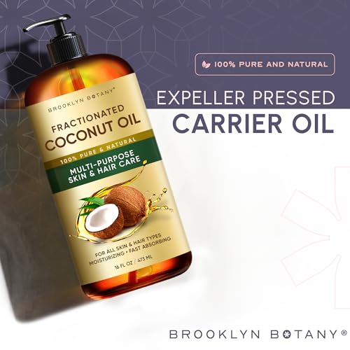 Brooklyn Botany Fractionated Coconut Oil | 16 Fl Oz | Hair | Face | Body | 100% Pure and Natural | Carrier Oil | Aromatherapy | Massage | Ayurvedic Hair Care | Hexane-Free