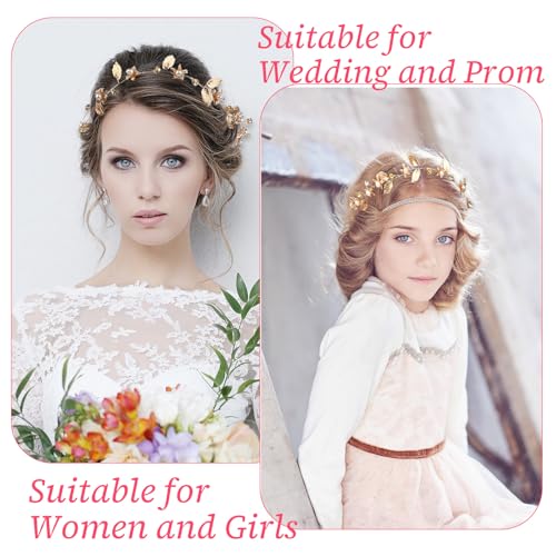 KALIONE Gold Leaf Headband Wedding Bridal Boho Hair Piece Flower Girl Headpiece Pearl Accessories for Kids Gold Hair Vine for Prom Party