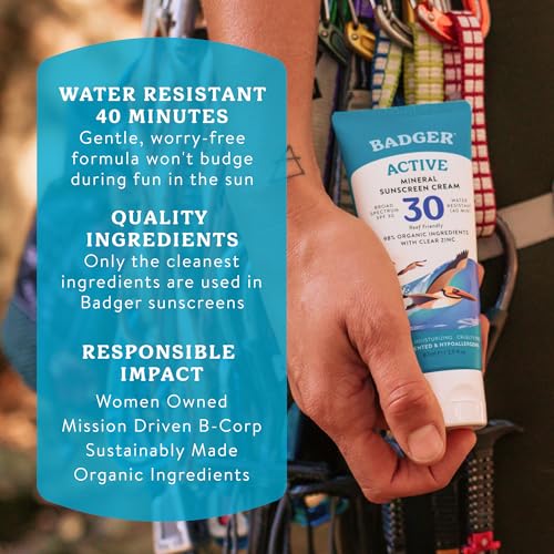 Badger Mineral Sunscreen Cream SPF 30, Zinc Oxide Sun Care, 98% Organic, Reef Safe, Water Resistant, Unscented Face and Body Sunscreen Travel Size, 2.9 fl oz