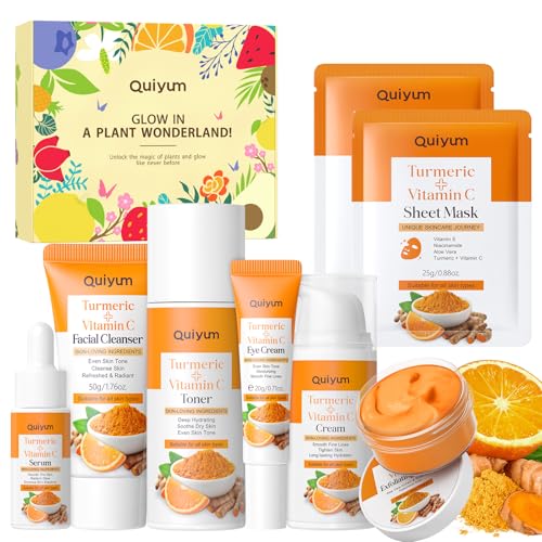 QUIYUM Turmeric Vit-C Skin Care Set, 7PCS Facial Skincare Routine for Women