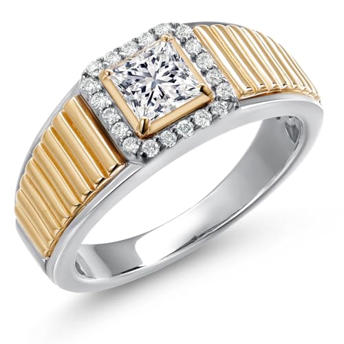 Gem Stone King Princess Cut Ring For Men | 925 Silver and 10K Yellow Gold | 5MM Princess Cut Gemstone Birthstone and 1.2MM Round White Lab Grown Diamond | Available in Size 7-13